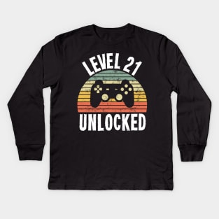 Level 21 Unlocked T-Shirt - 21th Birthday Gamer Gift - Twenty First Anniversary Gift Kids Long Sleeve T-Shirt
